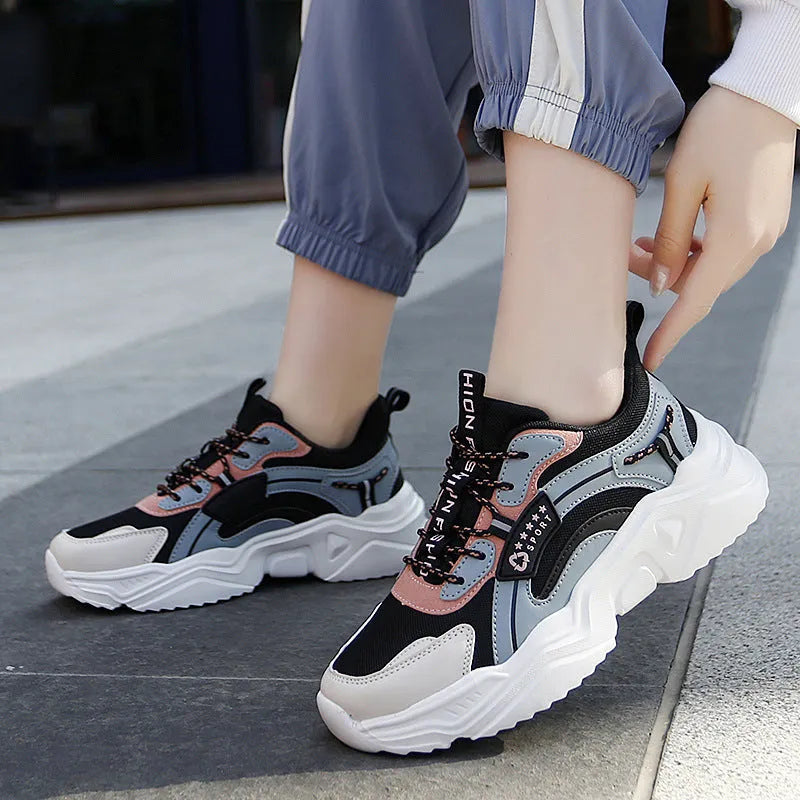 Women's white mesh casual sports shoes with thick sole and buckle fastening