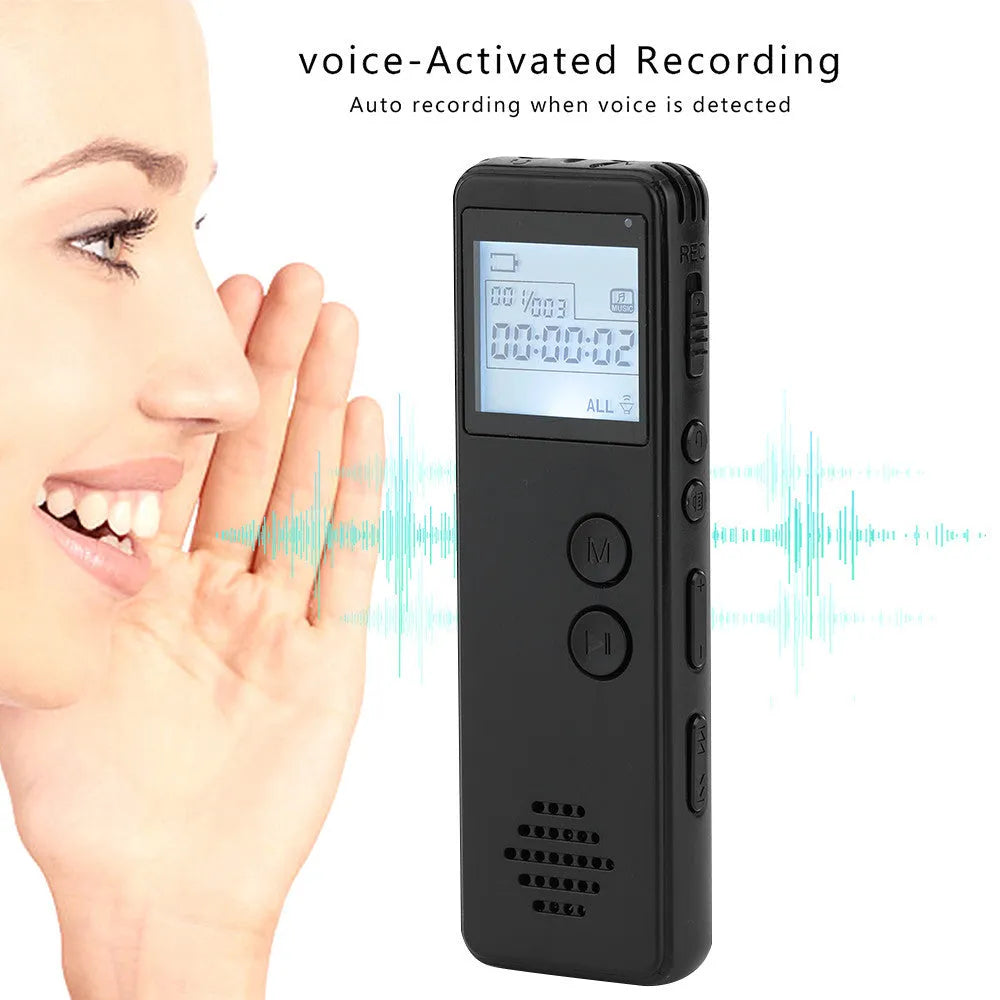 Black digital voice recorder with screen and buttons for MP3 recording