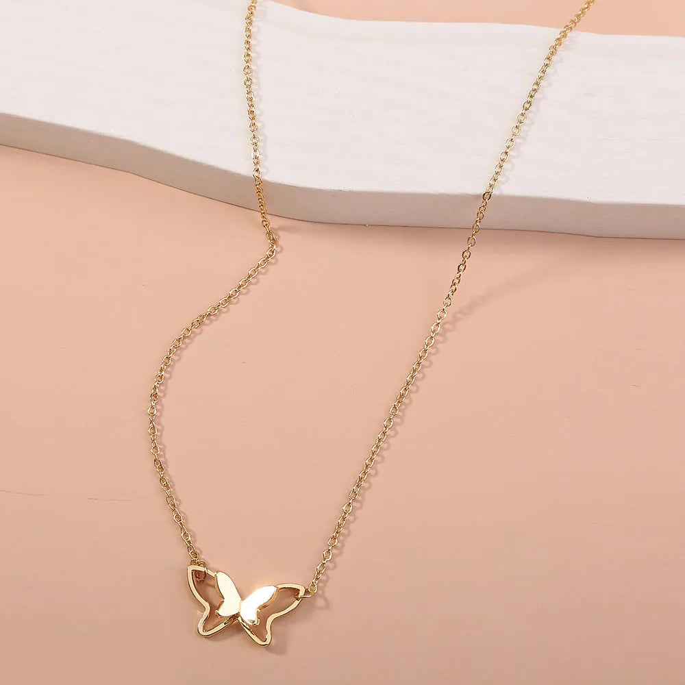 Women's double-layer copper alloy butterfly pendant necklace with electroplated finish, adjustable 51-80cm chain, colour NZ731