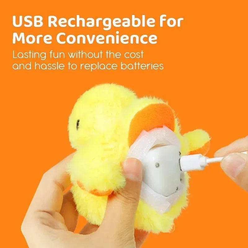 Yellow polyester plush duck-shaped electronic cat toy with USB charging cable.