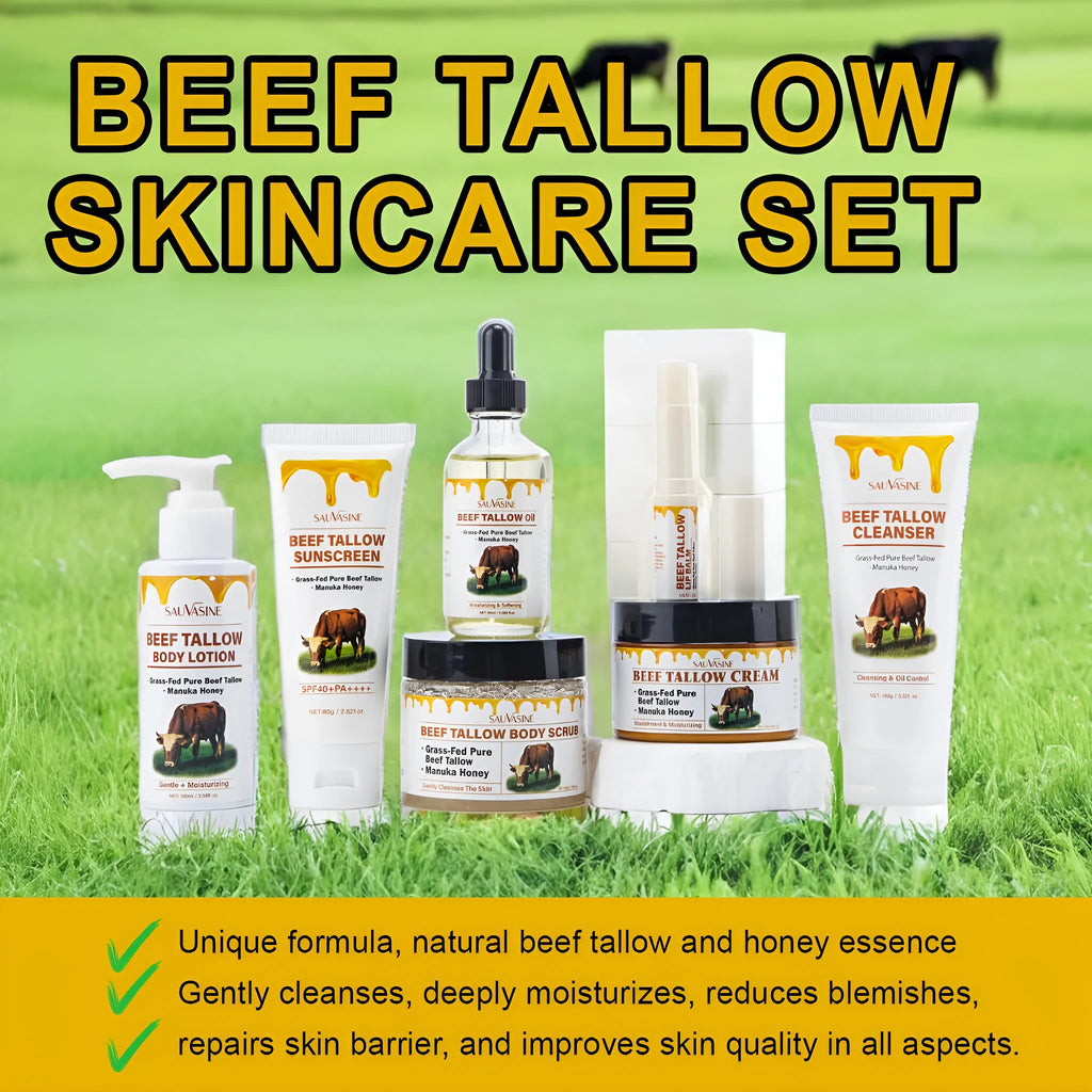 Butter Honey seven-piece skincare set showing cleanser, face cream, lipstick, protective cream, body lotion, facial scrub and beef fat product