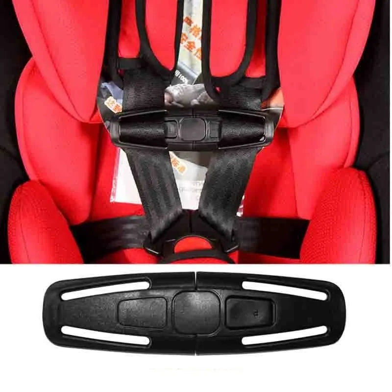 Black nylon child safety seat belt clip for five-point harness systems measuring 14.5cm