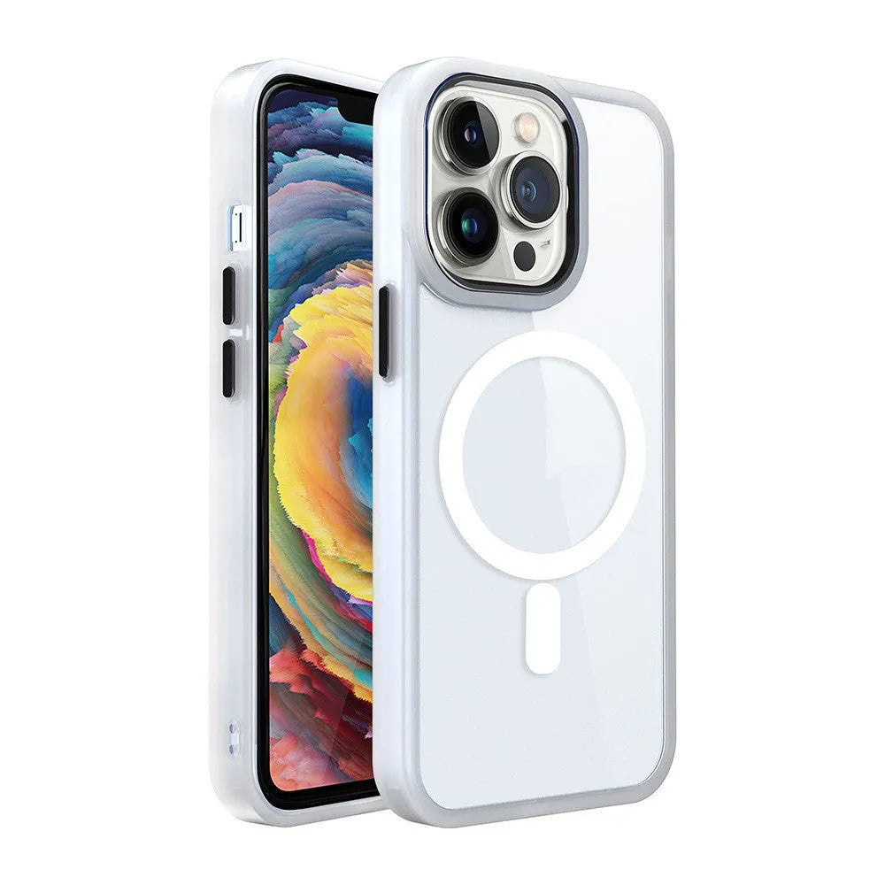 Magnetic transparent silicone phone case for iPhone with solid colour edges, shown in plum red.