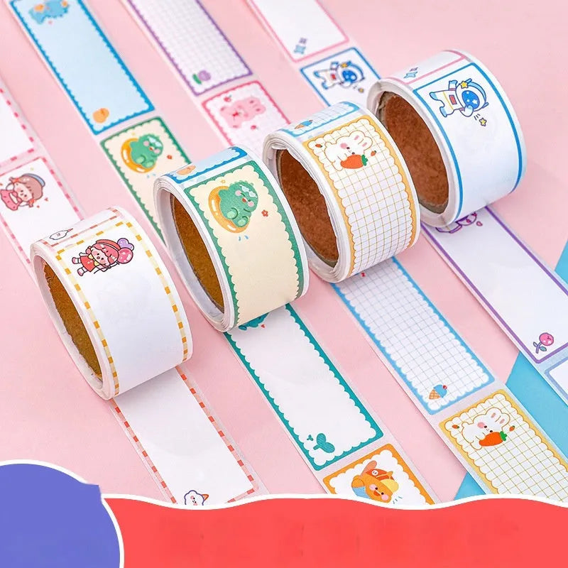 Roll of student name tape stickers with cartoon designs for school organisation