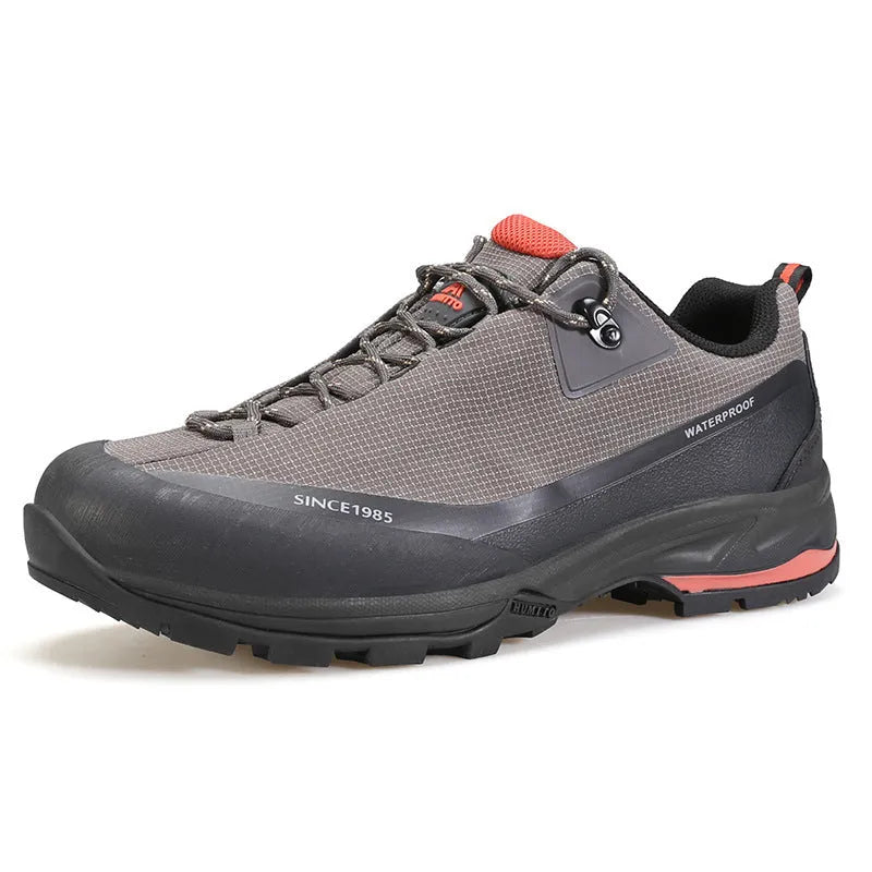 Men's low-top leather mesh hiking boot in black with lace-up front and rubber outsole.