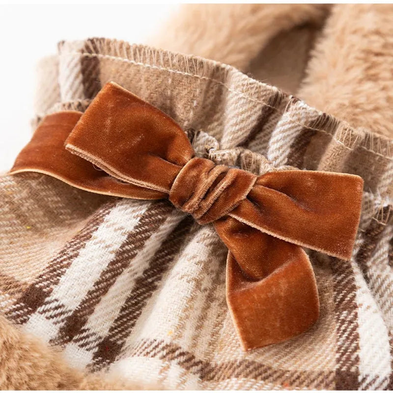 Two-piece pet winter outfit with vintage plaid hooded cape, matching dress, faux rabbit fur trim and velvet bow in Black or Brown