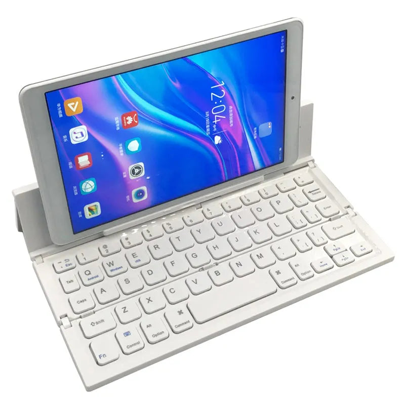Black foldable Bluetooth keyboard for tablets with aluminium bottom and wrist support