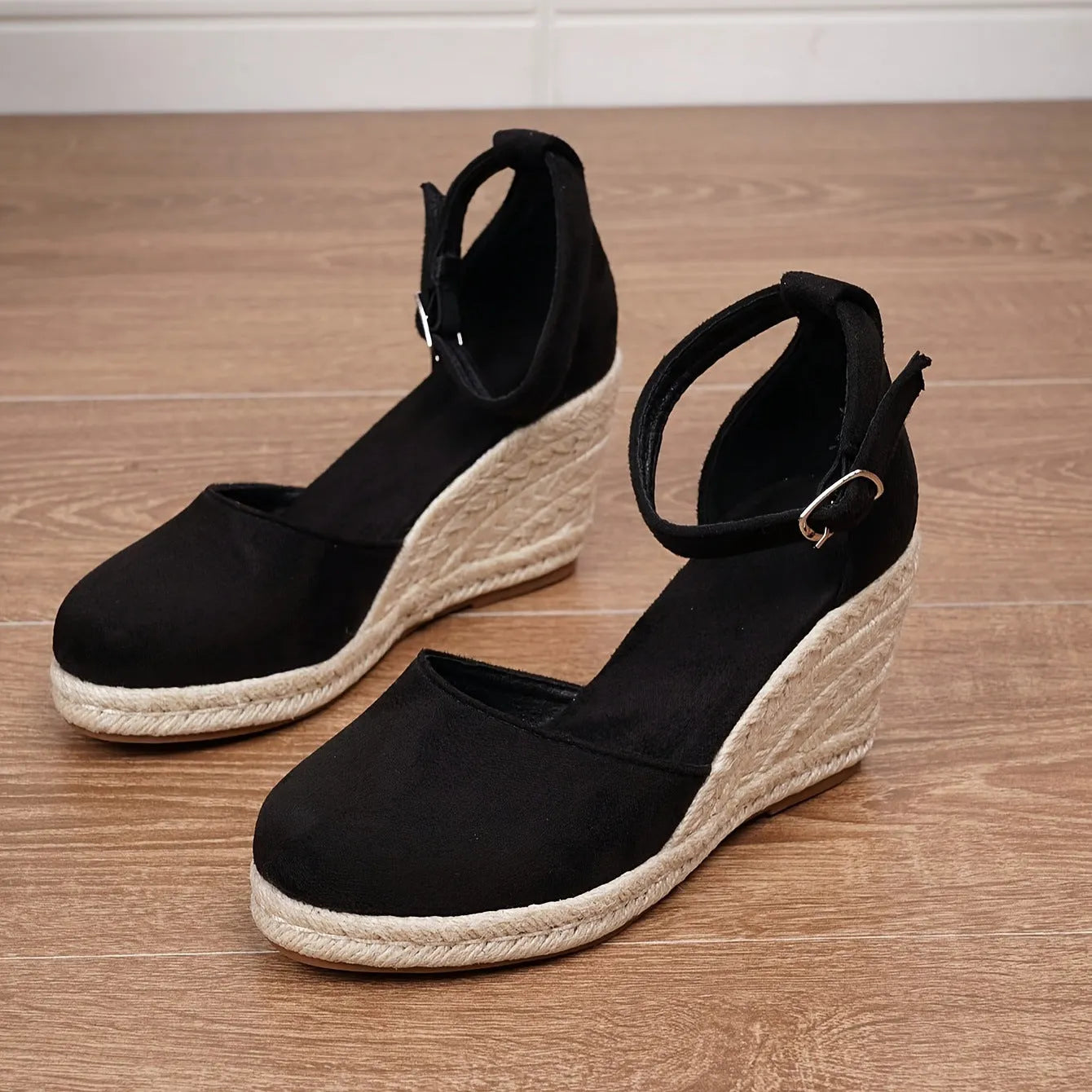 Women's suede wedge sandals in apricot with buckle closure and round toe, Roman style