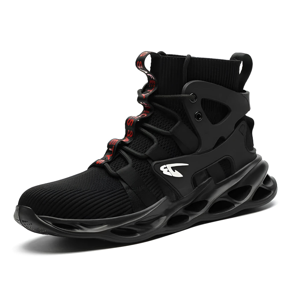 Black high-top safety shoes with steel toe, lace-up closure, and breathable mesh upper