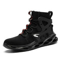 Black high-top safety shoes with steel toe, lace-up closure, and breathable mesh upper
