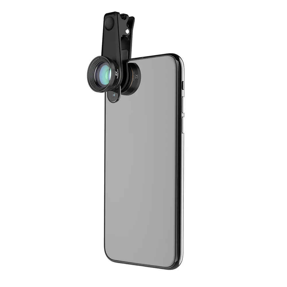 6 in 1 smartphone camera lens kit with fisheye, wide angle, macro and telephoto lenses in black aluminium housings