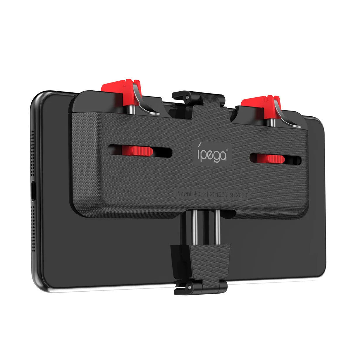 Black mobile phone gaming trigger bracket with an adjustable metal trigger and telescopic side clip.