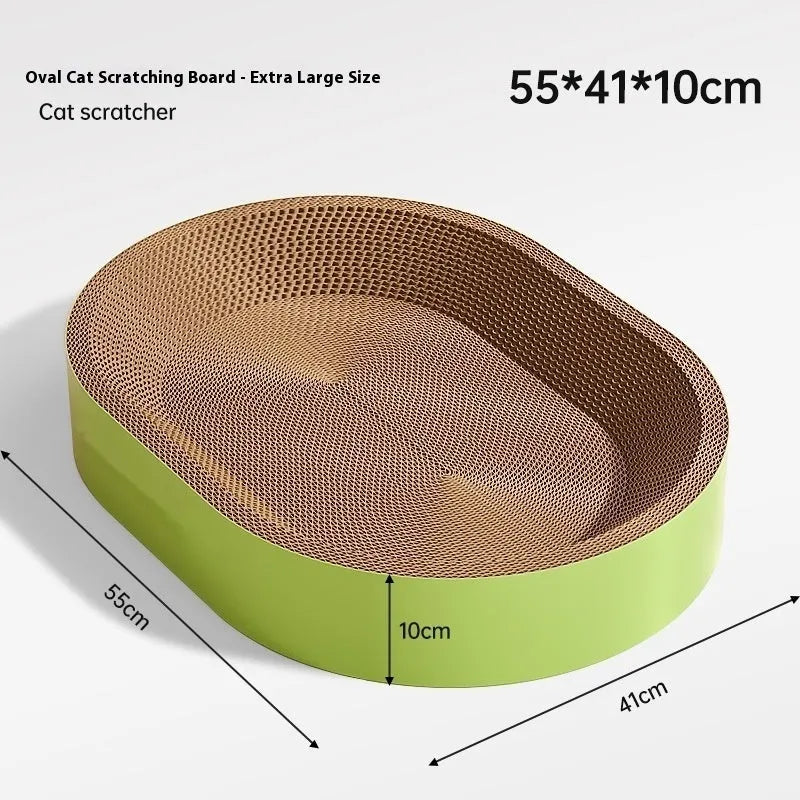 Green oval corrugated paper cat scratch board and nest bed, 55cm diameter.