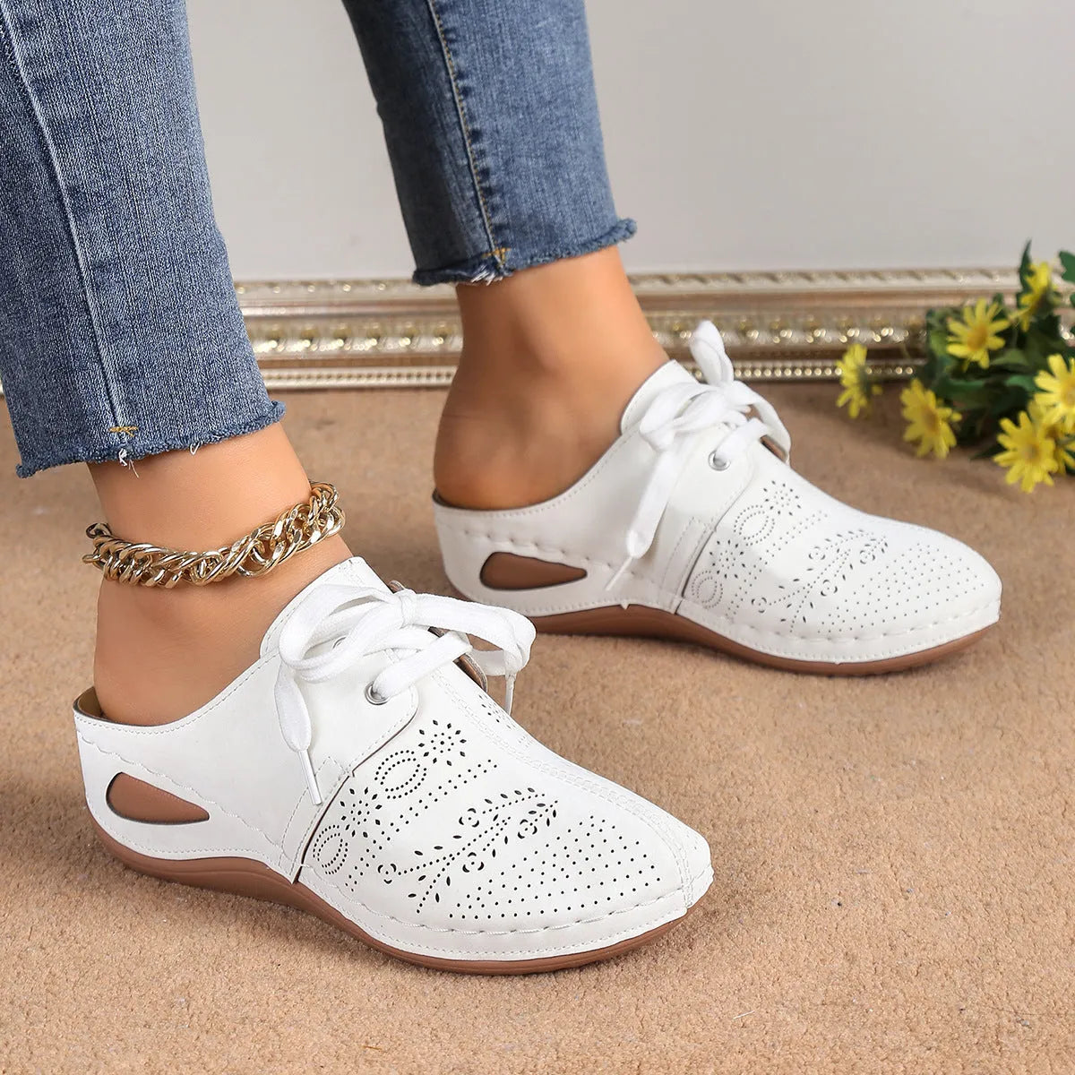 Women's baotou lace-up slippers with hollow-out wedge design in suede and rubber construction