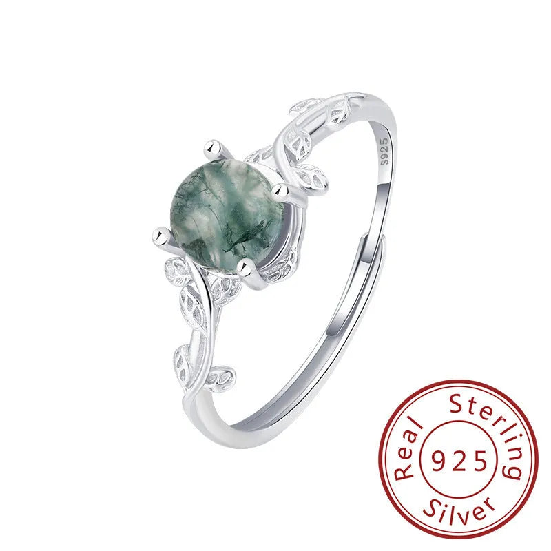 S925 silver ring with green moss agate stone and water plant pattern in geometric shape