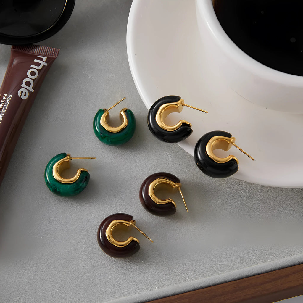 Resin stainless steel stud earrings with geometric ring design in black electroplated finish for women