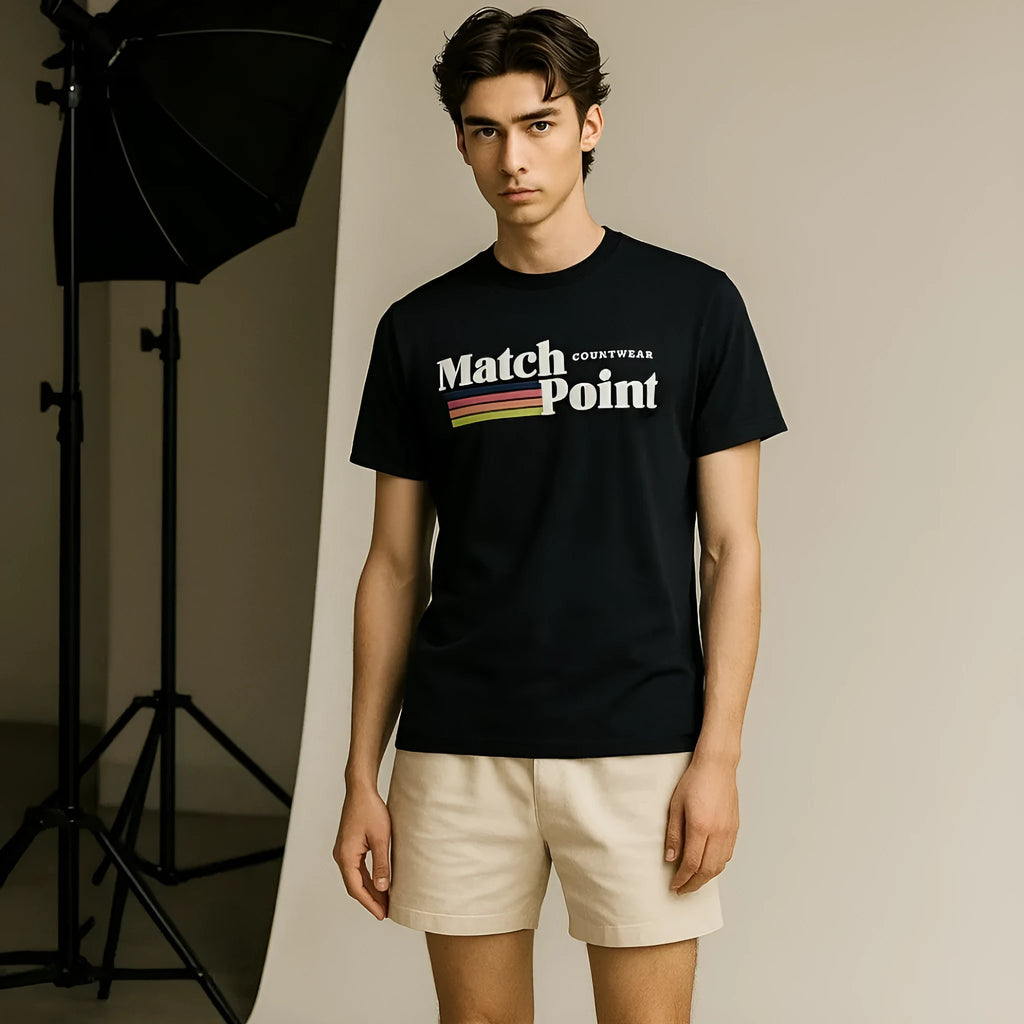 Men's black short sleeve t-shirt featuring a 3D digital text pattern and round neck design