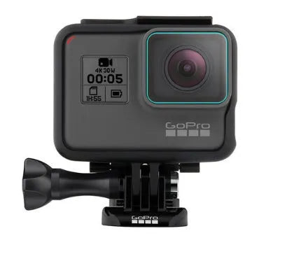 GoPro Hero action camera with transparent 9H tempered glass lens and LCD screen protectors applied.