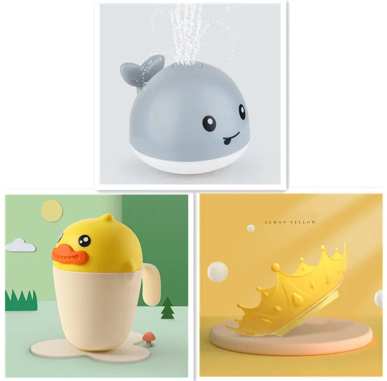 White and blue whale bath toy spraying water with LED lights illuminated