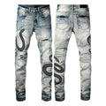 Distressed blue skinny jeans with wash detailing and button fly on mid waist design