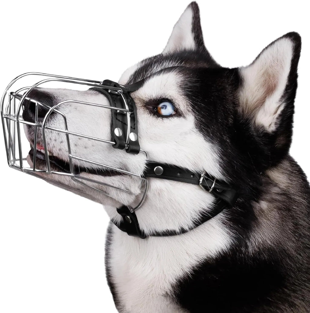 Black metal dog muzzle designed for Golden Retriever and German Shepherd breeds with adjustable straps.