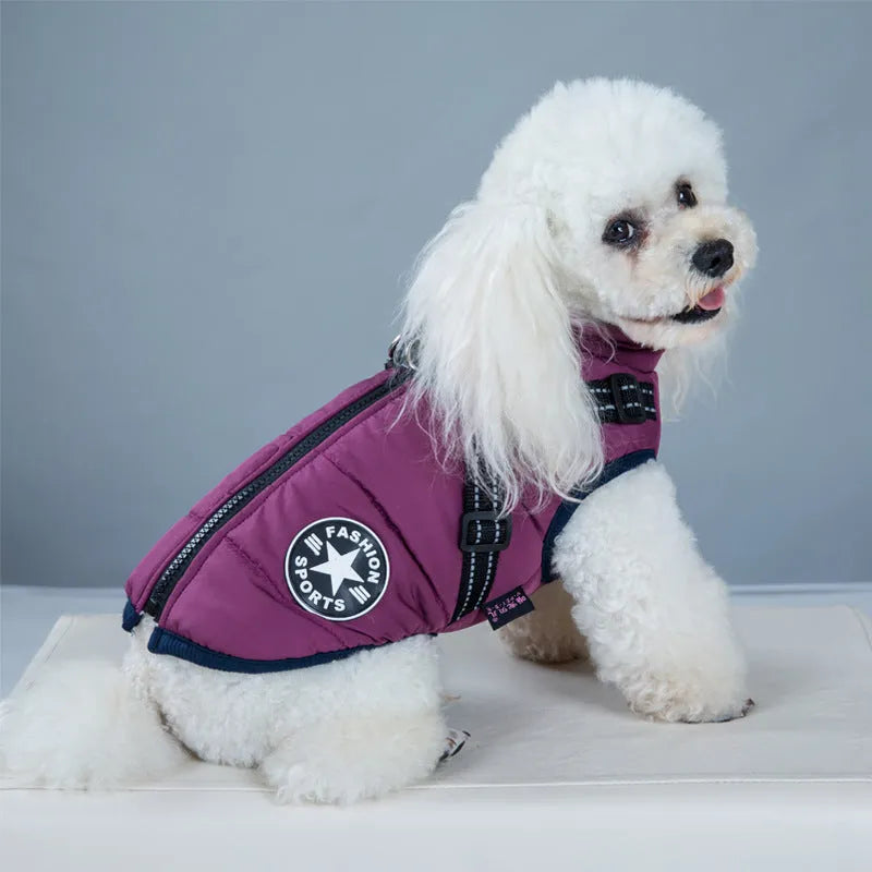 Waterproof dog coat with integrated harness in red, navy blue or army green rain silk fabric