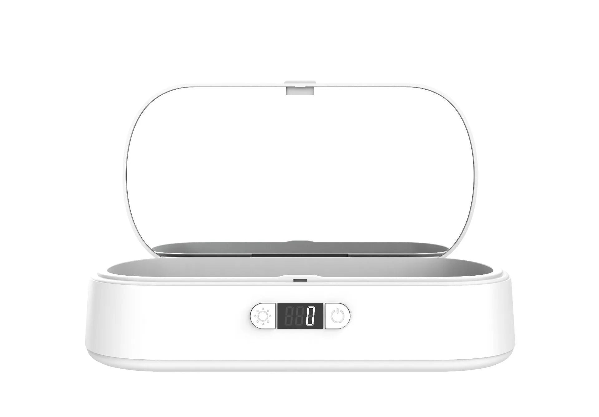 White portable UV sterilisation box with wireless charging for phones and jewellery disinfection