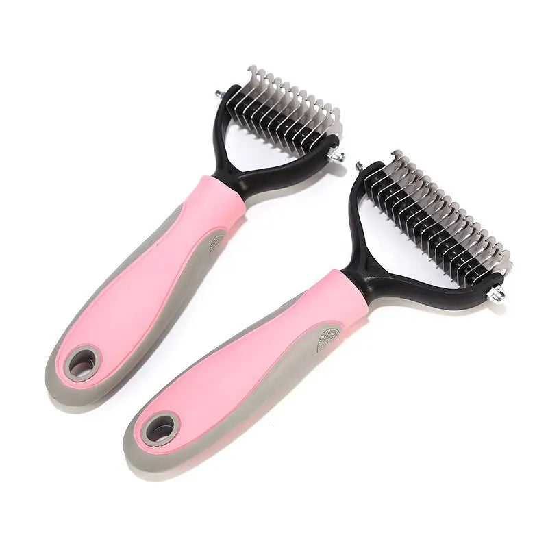 Double-sided stainless pet brush for dogs and cats with button hair removal and non-slip grip, blue or pink