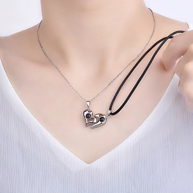 925 silver heart-shaped photo projection couple necklace with silver finish