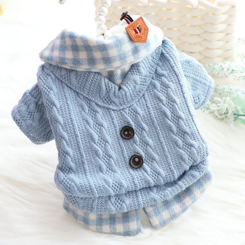 Blue wool plaid fleece-lined dog sweater with fake two-piece jacket design