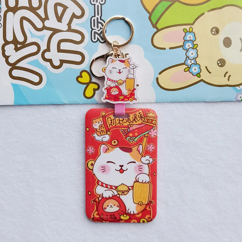 Lucky Cat cartoon-themed plastic card sleeve with a decorative ferrule pendant.