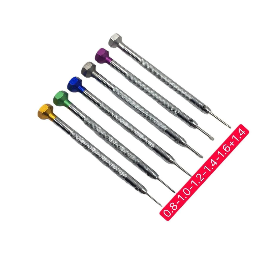 6-piece watch screwdriver set with coloured aluminium handles and spring steel cutter heads for watch repair