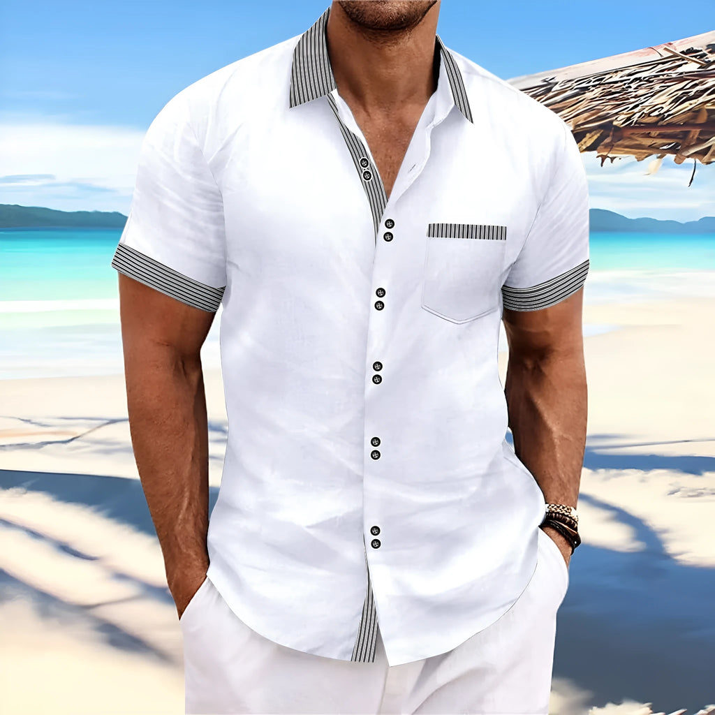 Men's striped cotton casual shirt with double button front in slim fit styling
