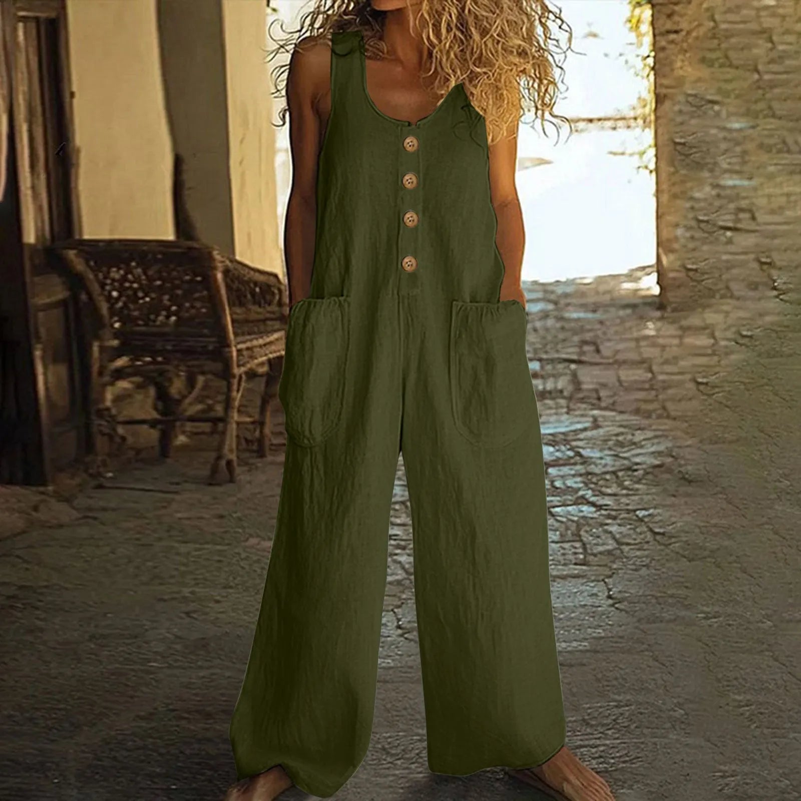 Women's sleeveless cotton jumpsuit with wide leg trousers in retro art style design