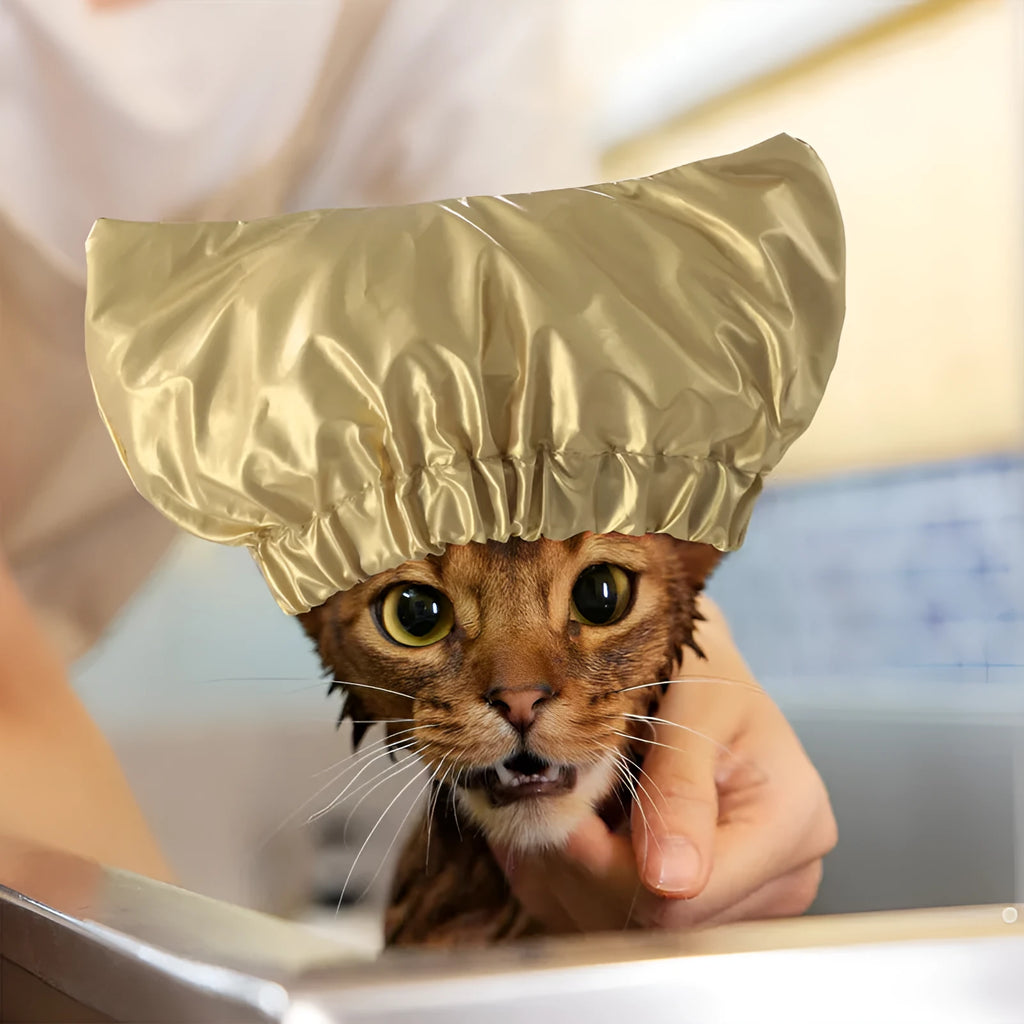 Pet shower cap for cats and dogs in gold colour with adjustable ear protection design