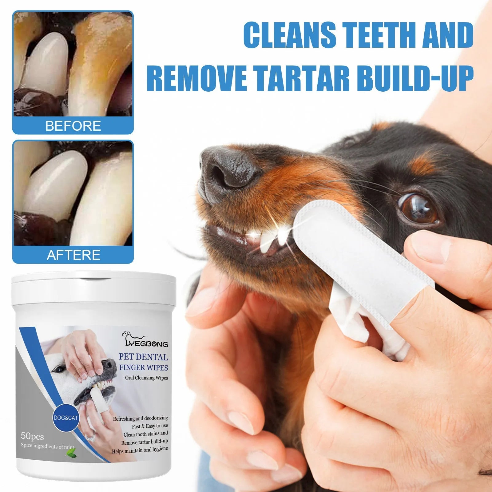 Can of 50 pet teeth cleaning finger wipes with finger stall for dog dental care