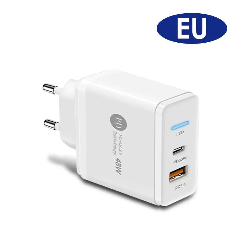PD48W fast charging travel charger with type-C USB port and indication light