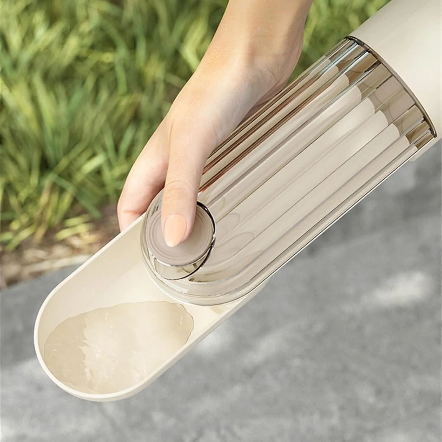 Beige or green foldable dog water bottle and food dispenser for outdoor walking and hiking