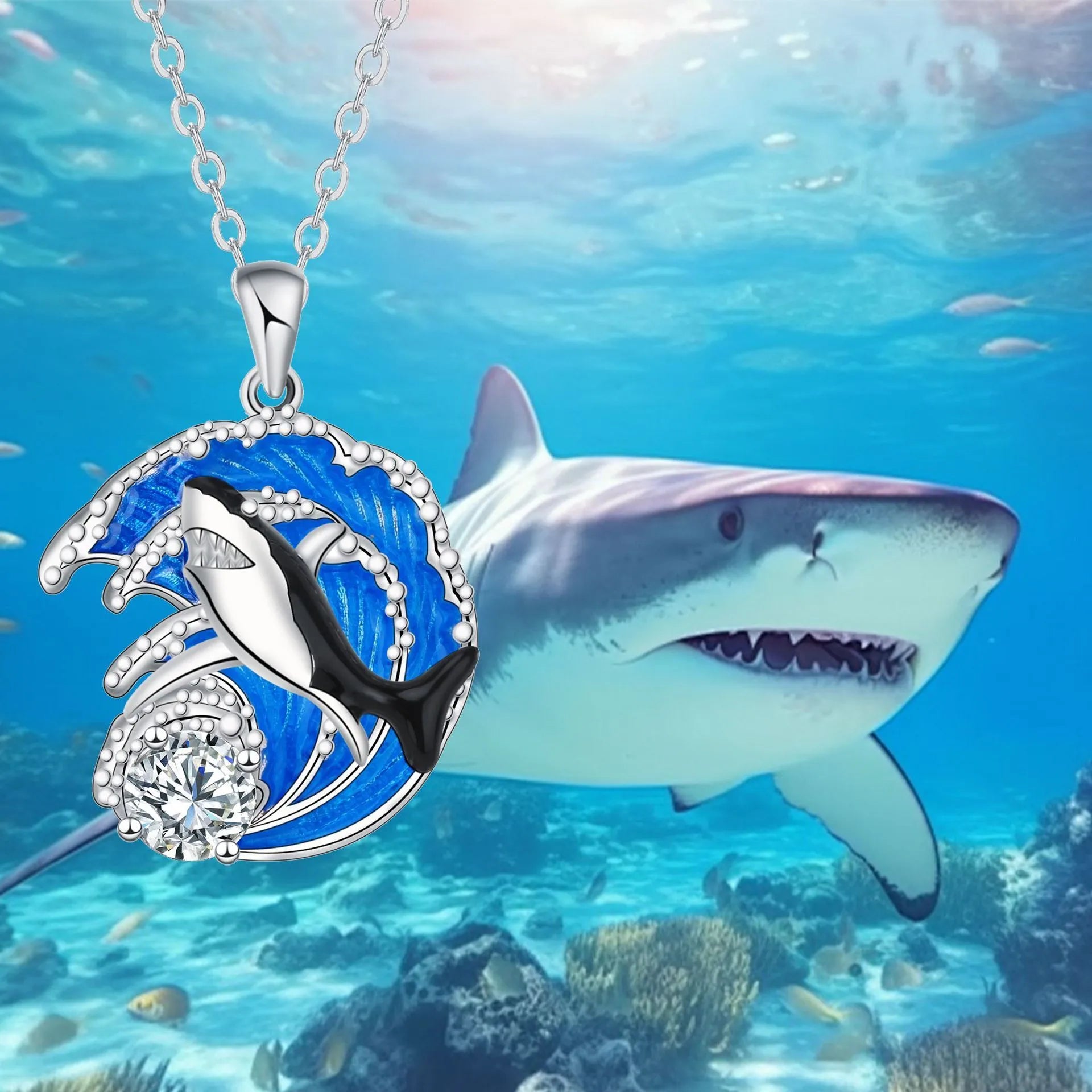 Women's shark necklace with copper pendant on cross chain, adjustable 41-50cm
