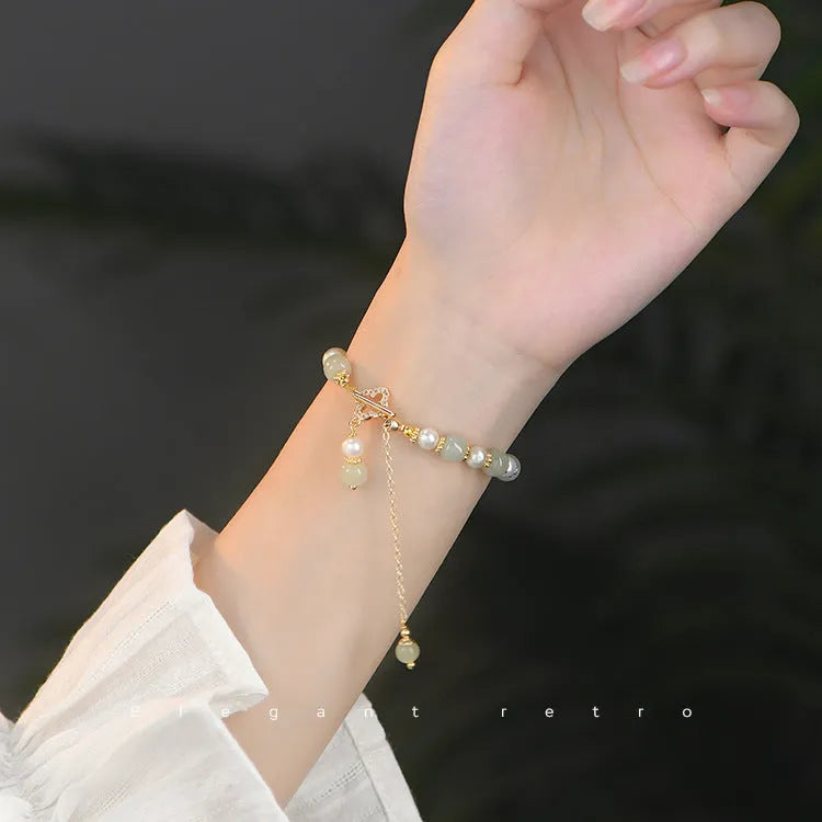 Natural Hetian jade and pearl pendant women's bracelet with gold-coloured electroplated alloy metal in Chinese style