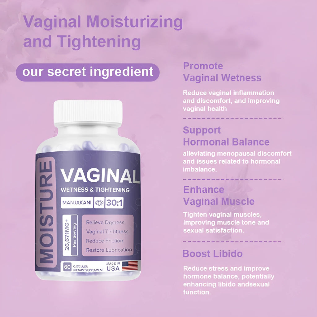 Bottle of 60 vaginal capsules for women's intimate health supplement