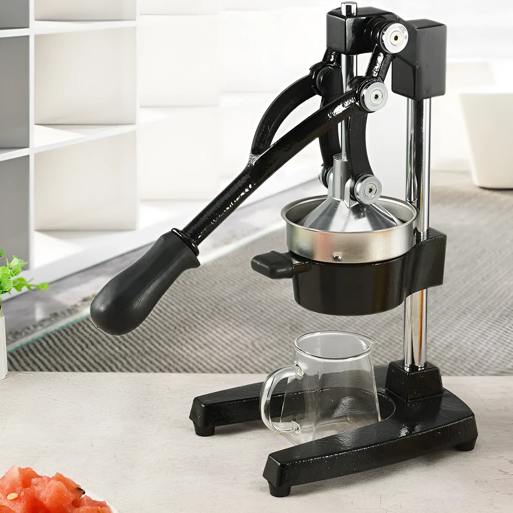 Black cast iron manual citrus juicer with stainless steel strainer and aluminium pressing gland