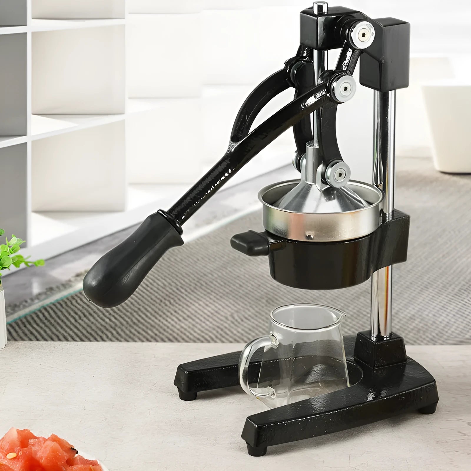 Black cast iron manual citrus juicer with stainless steel strainer and aluminium pressing gland