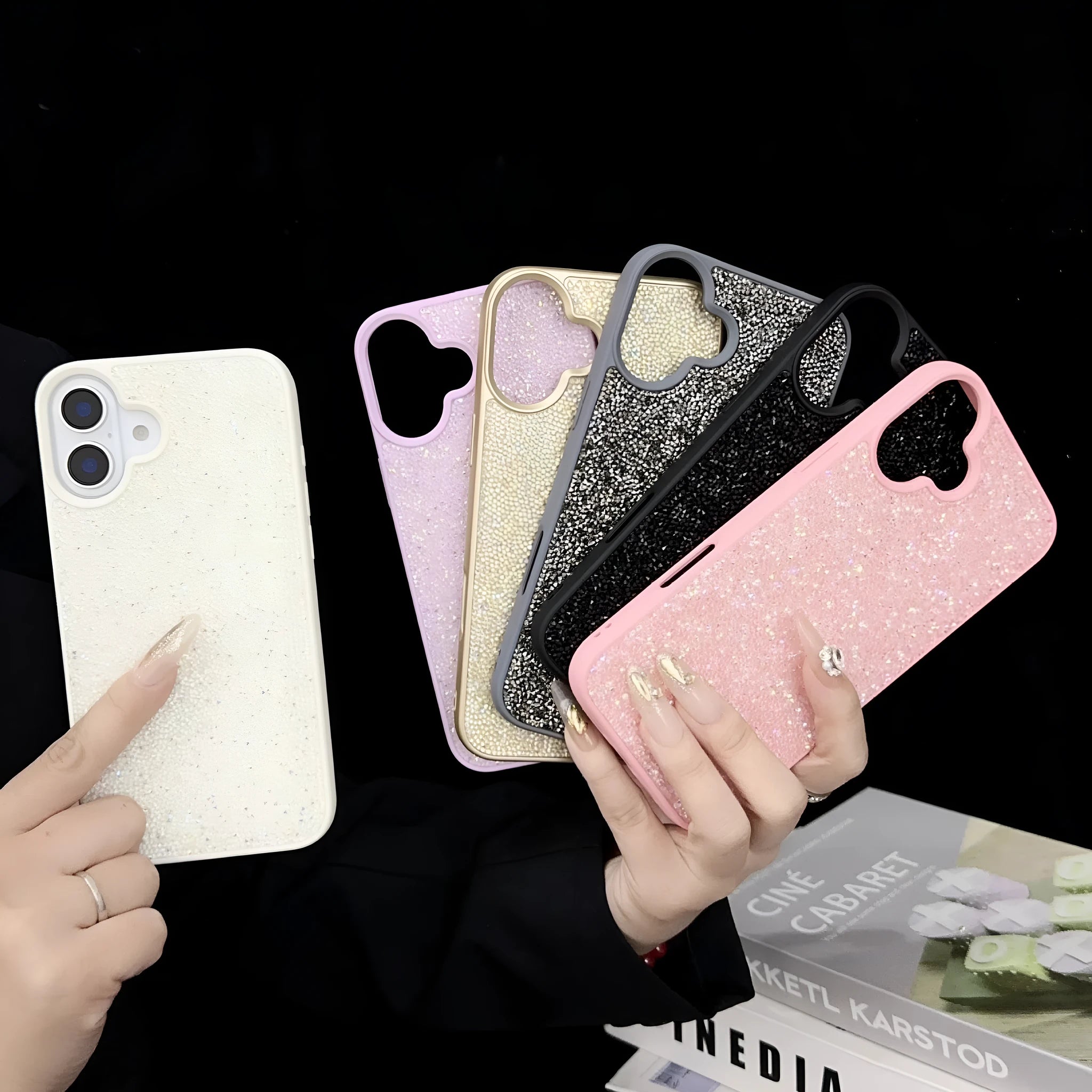 Luxury full diamond handmade phone case for iPhone 17 series in black colour option showing diamond surface texture