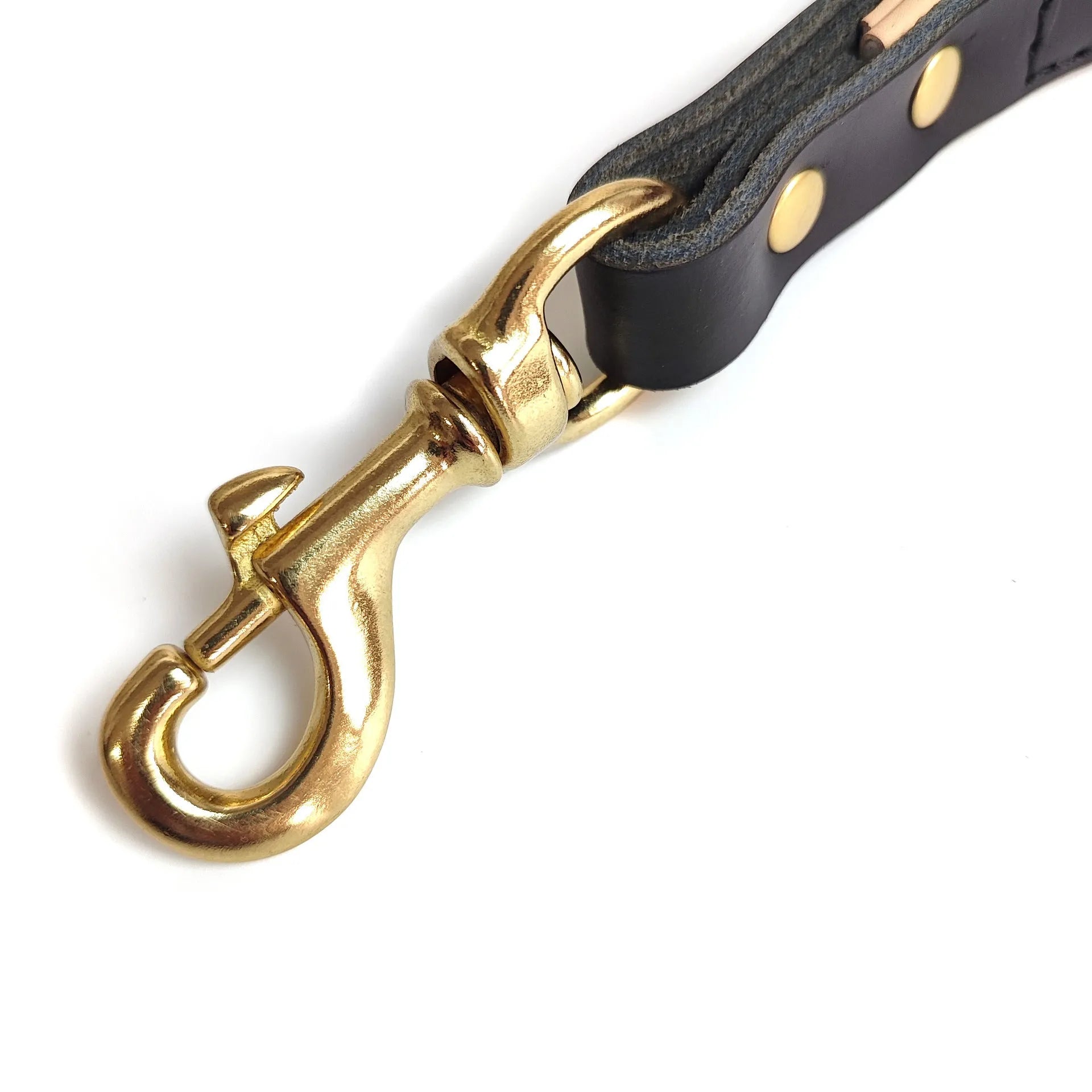 Black leather dog hand holding rope 30x2cm on surface