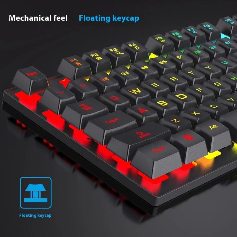 Black 104-key backlit keyboard and optical mouse set with 1.5m USB cable on desk