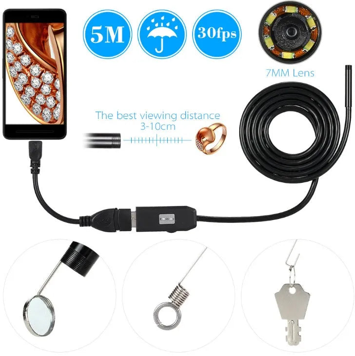 OWSOO USB endoscope camera with 5m cable, 6 LEDs, hook, magnet, and side mirror for phone and computer
