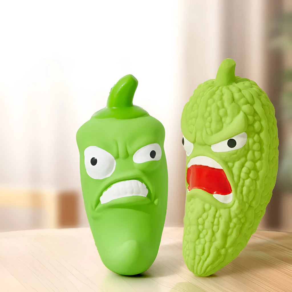 Bitter melon or chili shaped dog toy with textured surfaces for teeth cleaning and pet sound features