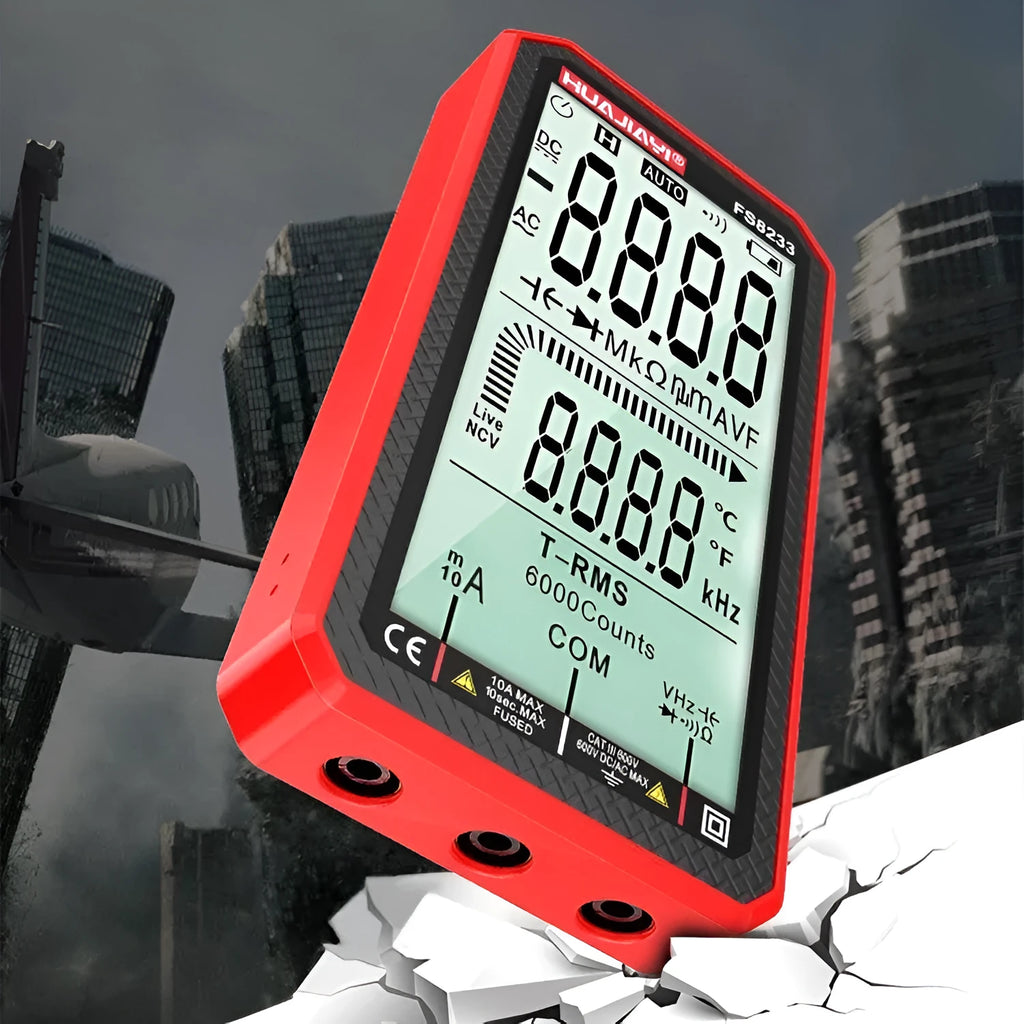 Large screen digital multimeter in black with automatic ranging and high precision display
