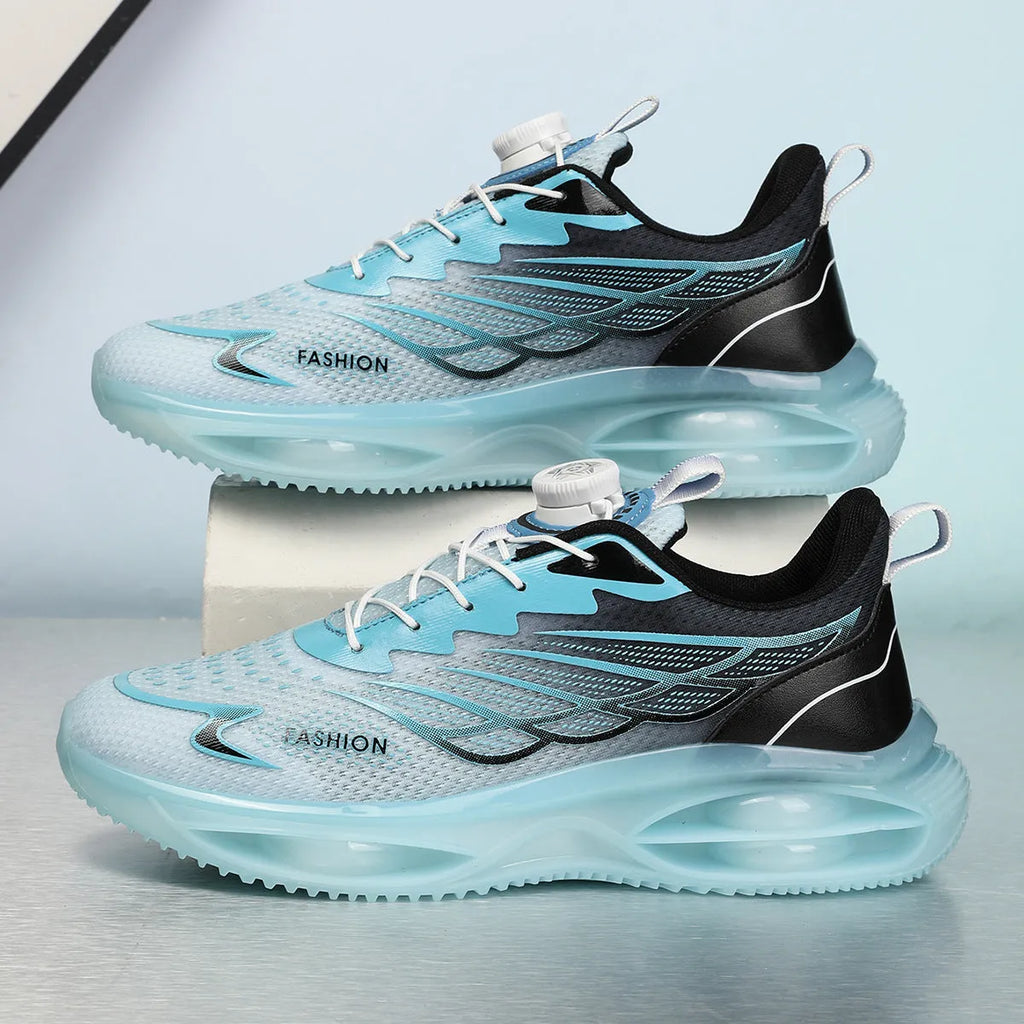 Casual breathable running shoes in sky blue, black gold, or white colours with rubber sole and lace-up closure